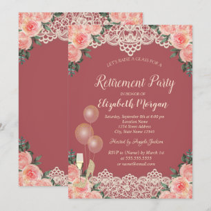 Invitación Globos de copa de vino encaje rosas rojas jubilaci