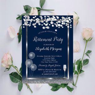 Invitación Globos de Copa de Vino Plata Brillo Azul Jubilació