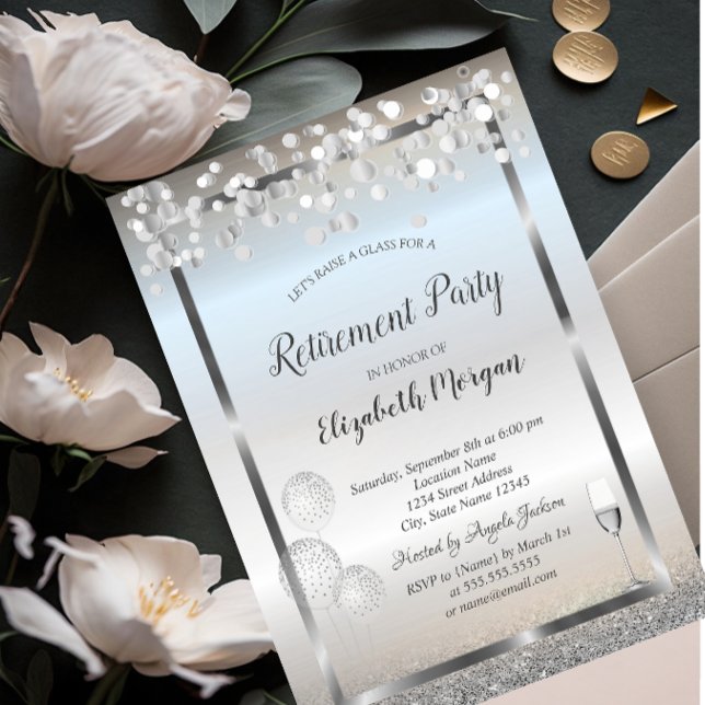 Invitación Globos de Copa de Vino Plateado Brillante Jubilaci (Subido por el creador)