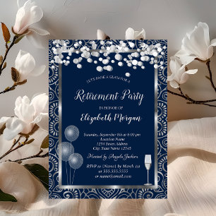 Invitación Globos de Copa de Vino Plateado Mandala Azul Jubil