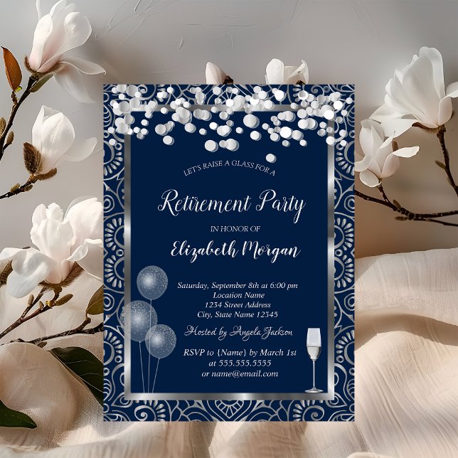 Invitación Globos de Copa de Vino Plateado Mandala Azul Jubil (Subido por el creador)