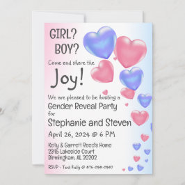 Invitación Globos de corazón azul y rosa revelan género