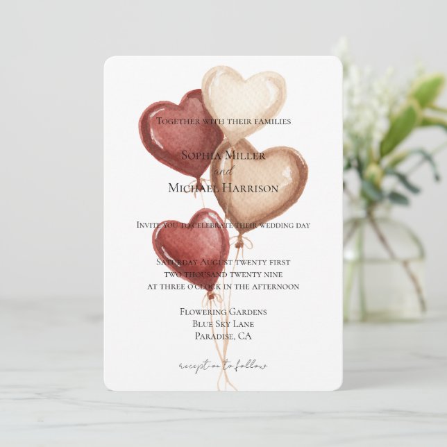 Invitación Globos de Corazón de Boda de Crema Roja Blanca (Anverso de pie)