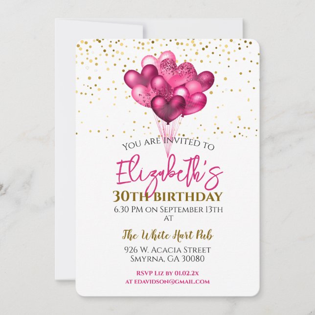 Invitación Globos de corazón de partido de cumpleaños rosado (Anverso)