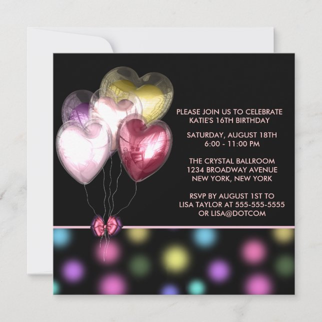 Invitación Globos de corazón rosa rojo dorado Fiesta dulce 16 (Anverso)