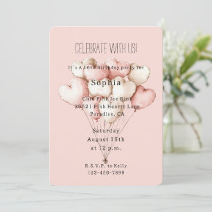 Invitación Globos de corazones rosados Cumpleaños  