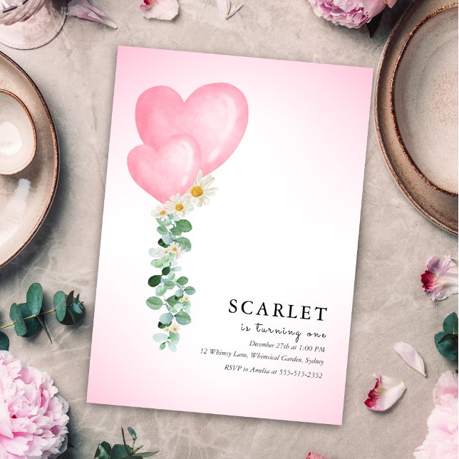 Invitación Globos de corazones tropicales sencillo primer cum (Subido por el creador)
