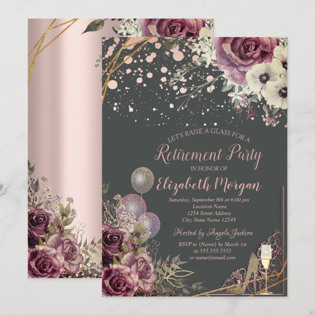 Invitación Globos de Cristal Brillo Tacones Flores Jubilación (Anverso / Reverso)