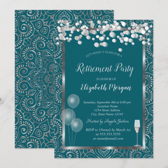 Invitación Globos de Cristal Mandala Plateado Verde Jubilació (Anverso / Reverso)