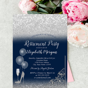 Invitación Globos de Cristal Plata Brillo Azul Marino Jubilac