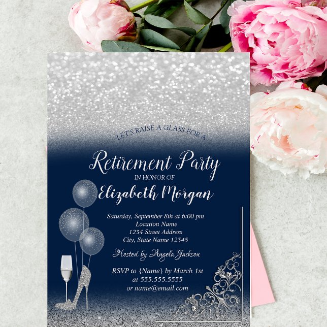 Invitación Globos de Cristal Plata Brillo Azul Marino Jubilac (Subido por el creador)