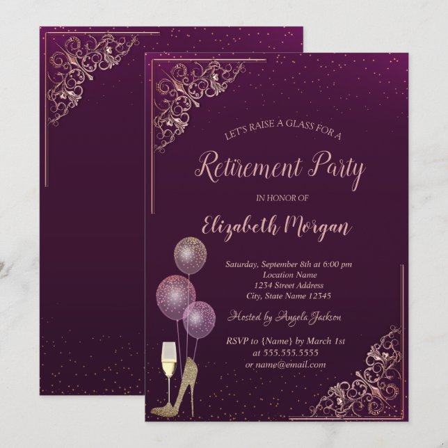 Invitación Globos de Cristal Tacones con Brillo Violeta Jubil (Anverso / Reverso)