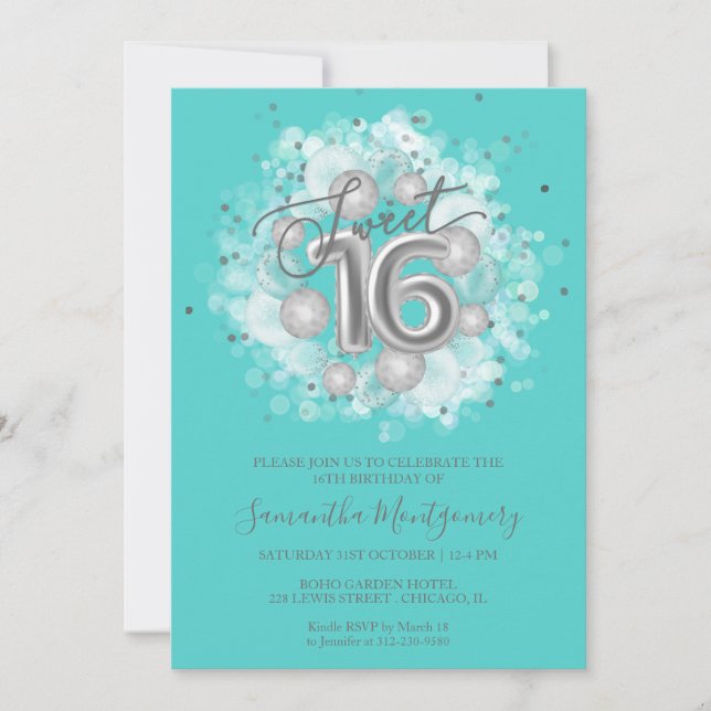 Invitación Globos de cumpleaños 16 dulces con papel de plata  (Anverso)