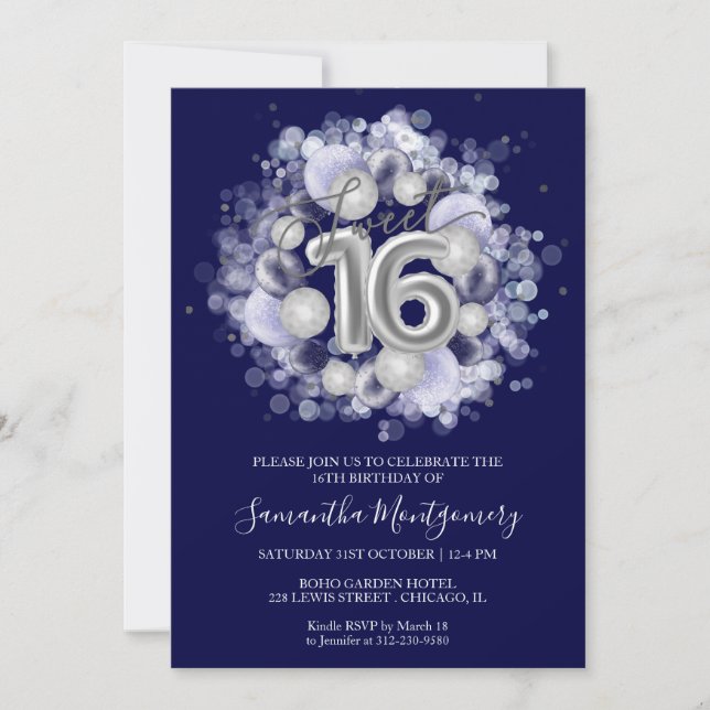 Invitación Globos de cumpleaños 16 dulces de papel de plata a (Anverso)
