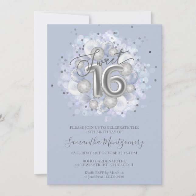 Invitación Globos de cumpleaños 16 dulces de papel de plata a (Anverso)