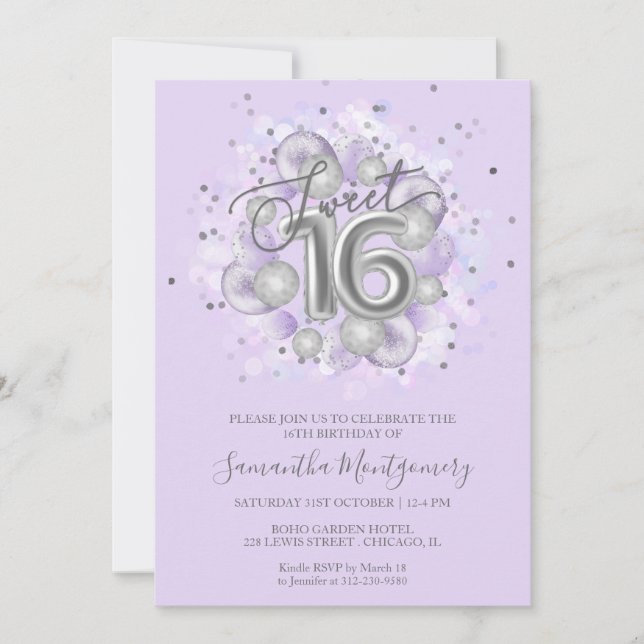 Invitación Globos de cumpleaños 16 dulces plata hoja fiesta l (Anverso)