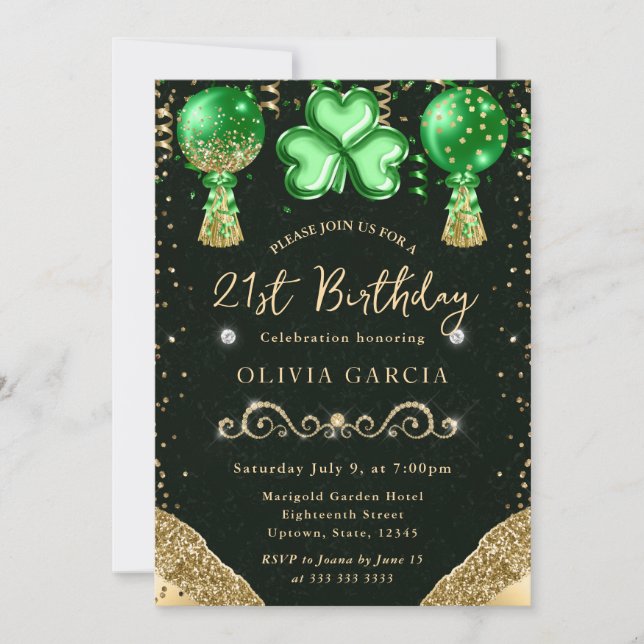 Invitación Globos de cumpleaños 21 Glam St Patrick (Anverso)