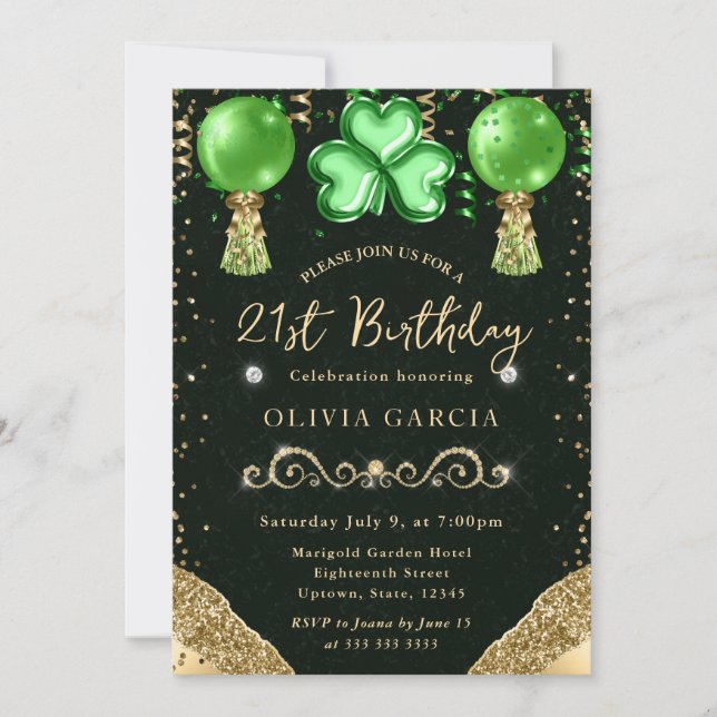 Invitación Globos de cumpleaños 21 Glam St Patrick's (Anverso)