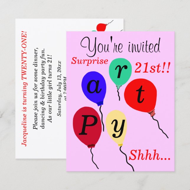 Invitación Globos de cumpleaños 21 sorpresa rosados (Anverso / Reverso)