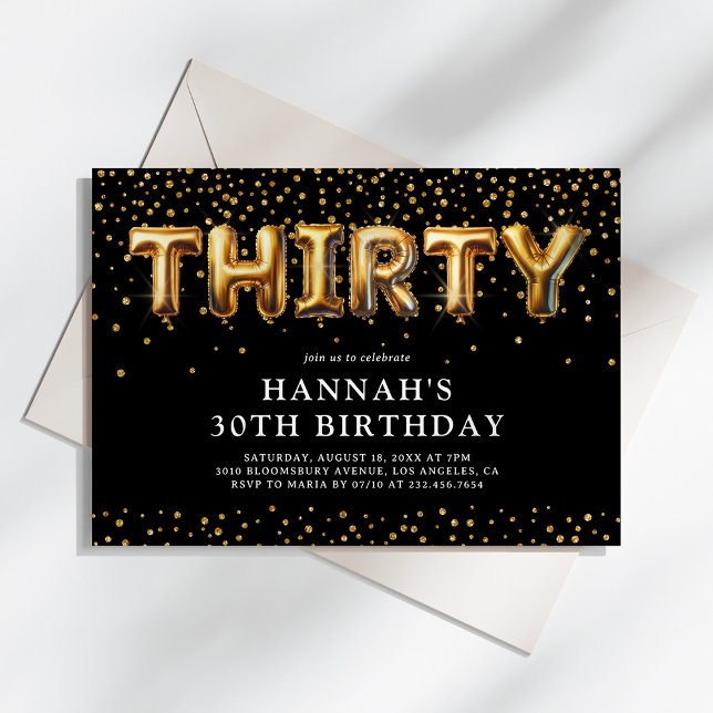 Invitación Globos de cumpleaños 30 de Black and Gold (Subido por el creador)