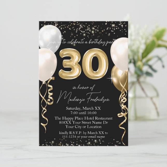 Invitación Globos de cumpleaños 30 dorados sobre negro (Anverso de pie)
