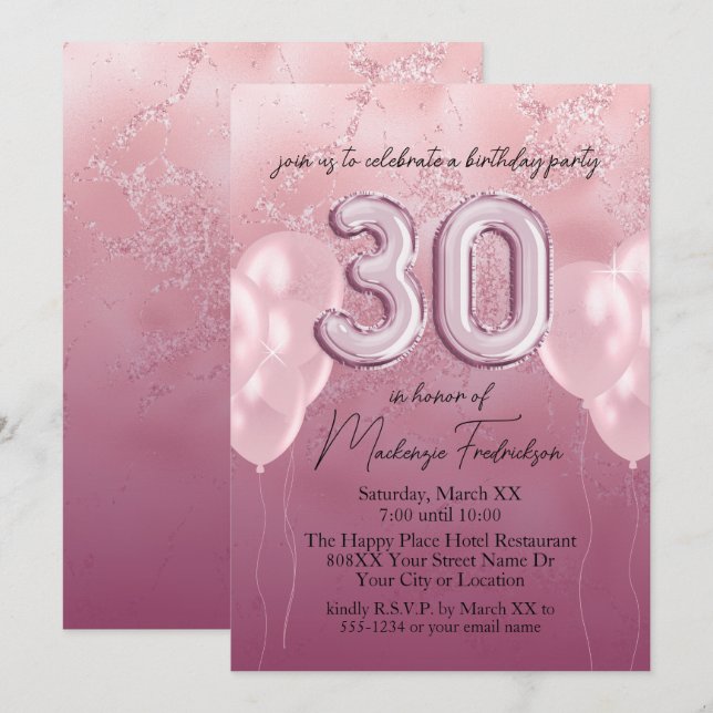 Invitación Globos de cumpleaños 30 en mármol Purpurina rosado (Anverso / Reverso)
