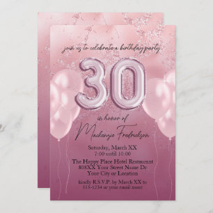 Invitación Globos de cumpleaños 30 en mármol Purpurina rosado