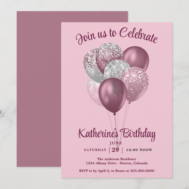 Invitación Globos de cumpleaños color malva  (Anverso / Reverso)