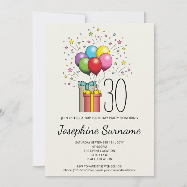 Invitación Globos de cumpleaños coloridos y regalos con edad (Anverso)