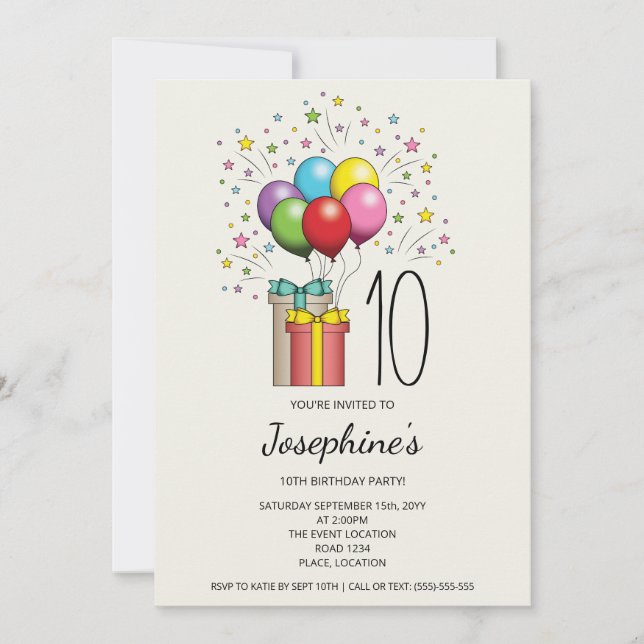 Invitación Globos de cumpleaños coloridos y regalos de cualqu (Anverso)