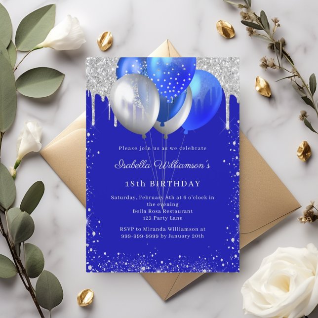 Invitación Globos de cumpleaños con brillo plateado azul real (Subido por el creador)