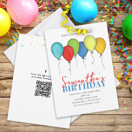 Invitación Globos de cumpleaños Confetti QR Código de medios 