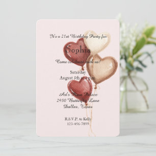 Invitación Globos de Cumpleaños Corazón Rosa Rosado Crema Roj