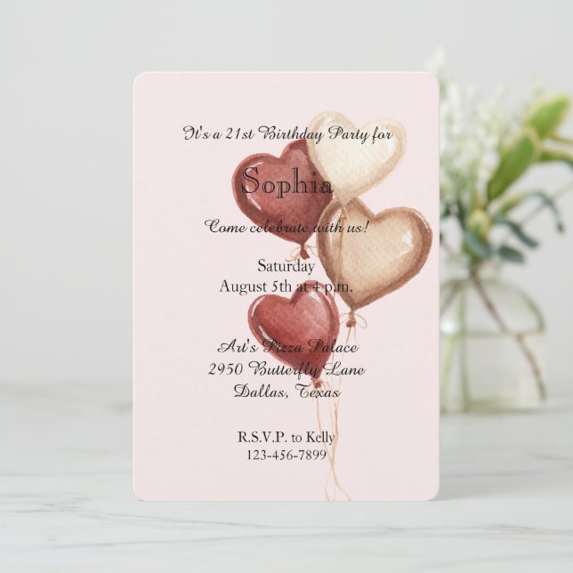 Invitación Globos de Cumpleaños Corazón Rosa Rosado Crema Roj (Anverso de pie)