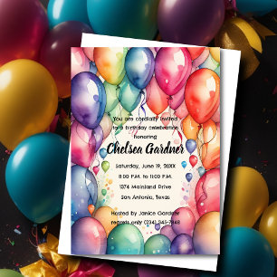 Invitación Globos de cumpleaños de acuarela coloridos