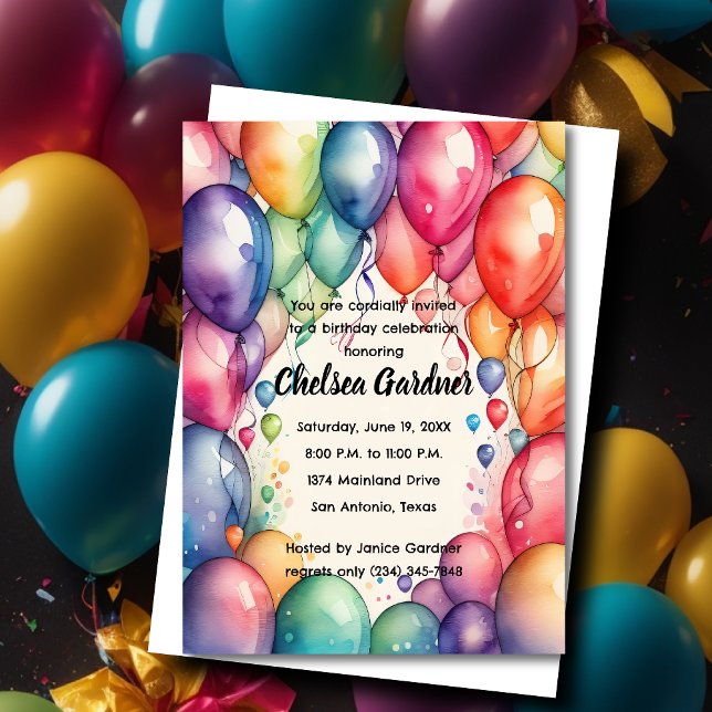 Invitación Globos de cumpleaños de acuarela coloridos (Subido por el creador)