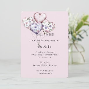 Invitación Globos de cumpleaños de corazón floral rosa púrpur