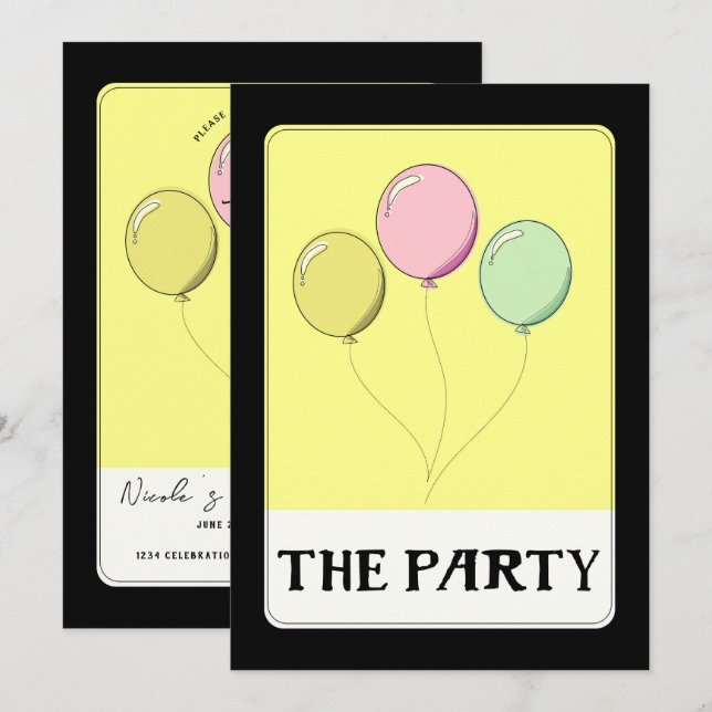 Invitación GLobos de Cumpleaños de Estilo Tarot Amarillo de F (Anverso / Reverso)