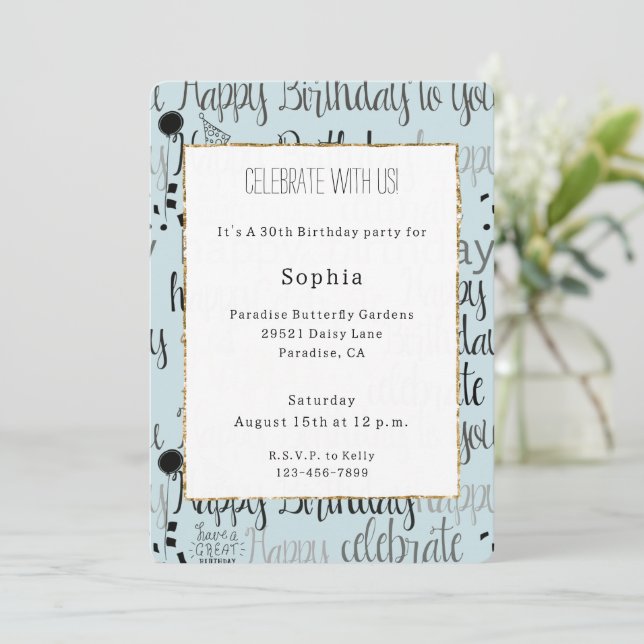Invitación Globos de Cumpleaños de Menta Confeti de Celebraci (Anverso de pie)