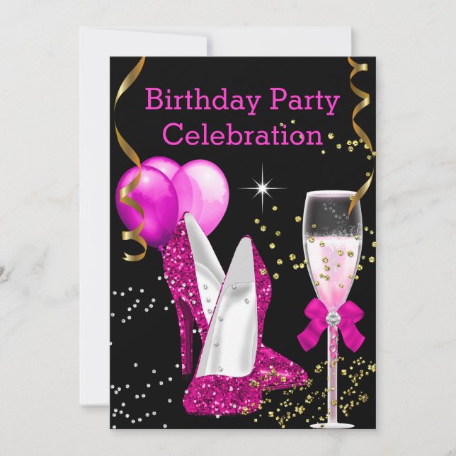 Invitación Globos de Cumpleaños de Purpurina Dorada Rosa Fucs (Anverso)
