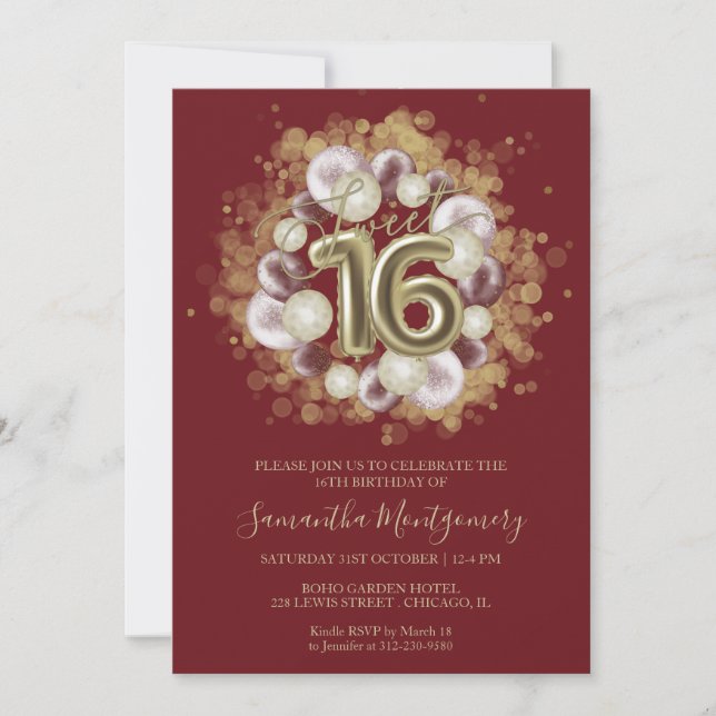 Invitación Globos de cumpleaños dulces 16 de papel de oro fie (Anverso)
