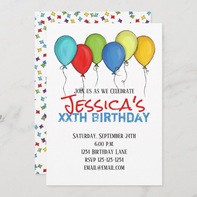 Invitación Globos de cumpleaños Fiesta moderno Confetti (Anverso / Reverso)