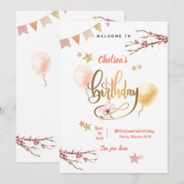 Invitación Globos de cumpleaños florales en acuarela rosa