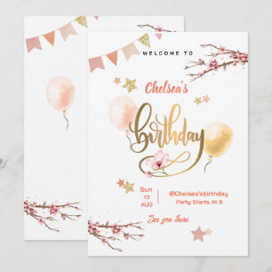 Invitación Globos de cumpleaños florales en acuarela rosa