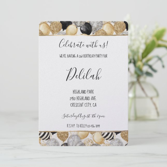 Invitación Globos de cumpleaños glam Black Silver Gold (Anverso de pie)