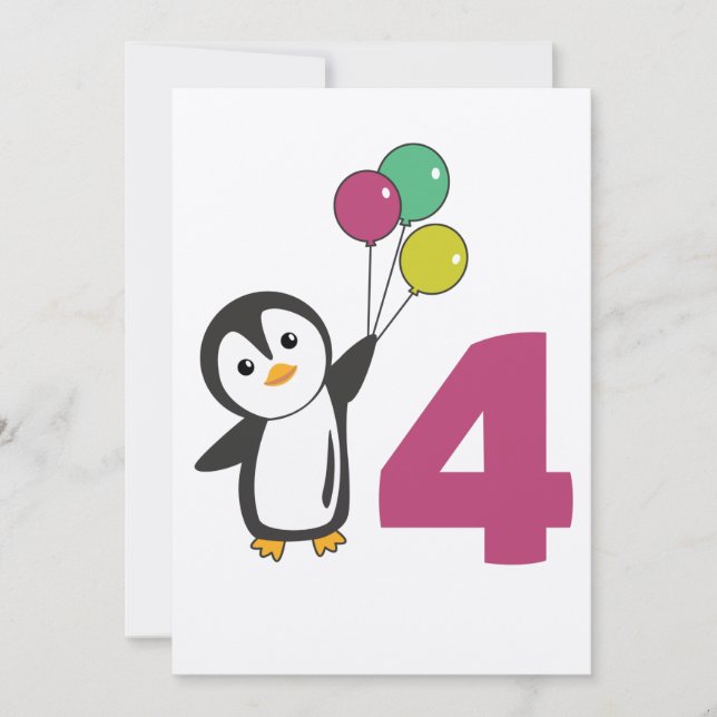 Invitación Globos de cumpleaños número cuatro de pingüino par (Anverso)