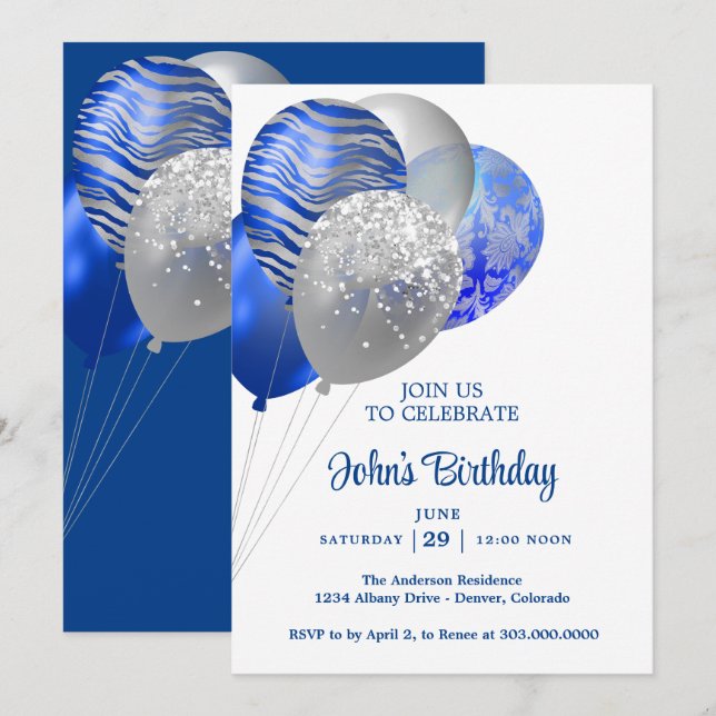 Invitación Globos de cumpleaños para hombres (Anverso / Reverso)