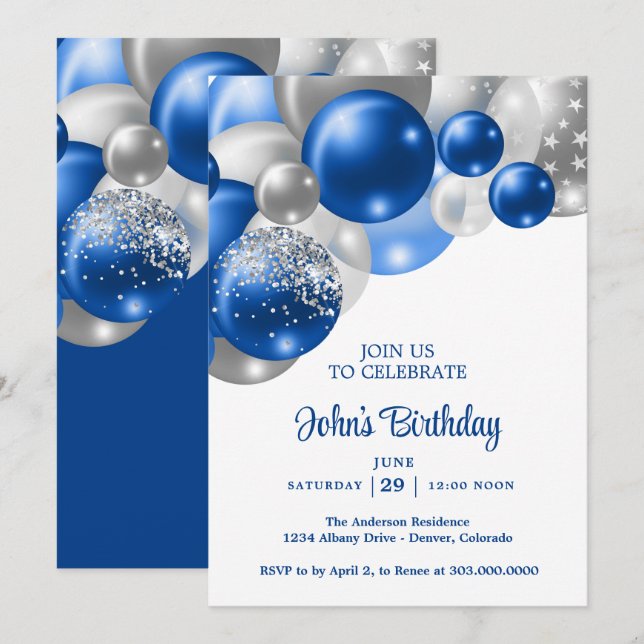 Invitación Globos de cumpleaños para hombres (Anverso / Reverso)