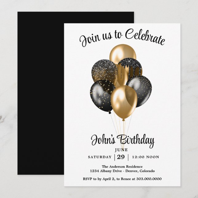 Invitación Globos de cumpleaños para hombres  (Anverso / Reverso)