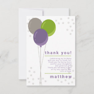 Invitación Globos de cumpleaños púrpura verde y gris Gracias.